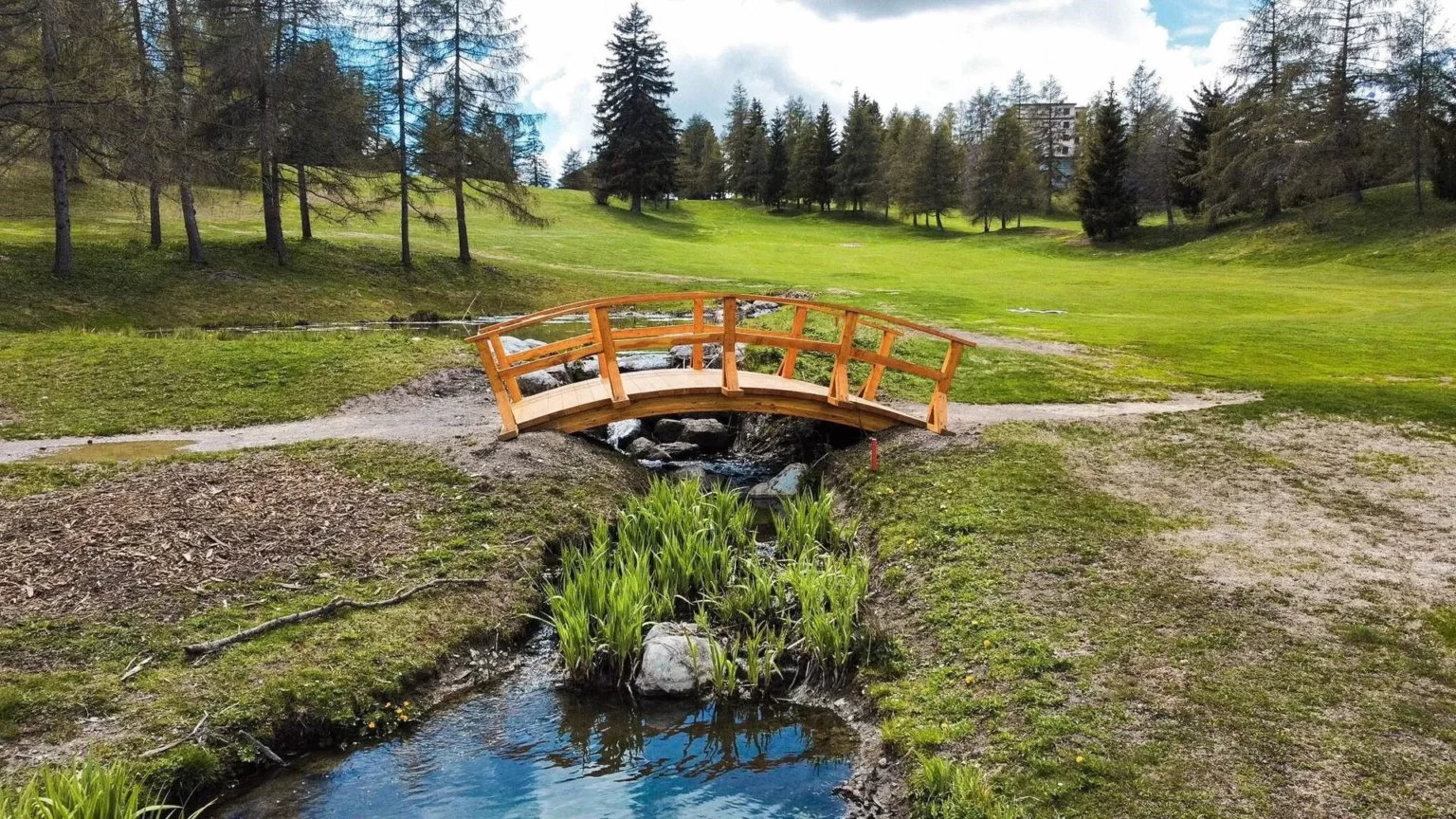 Constuction de pont en bois pour aménagement paysage en Valais